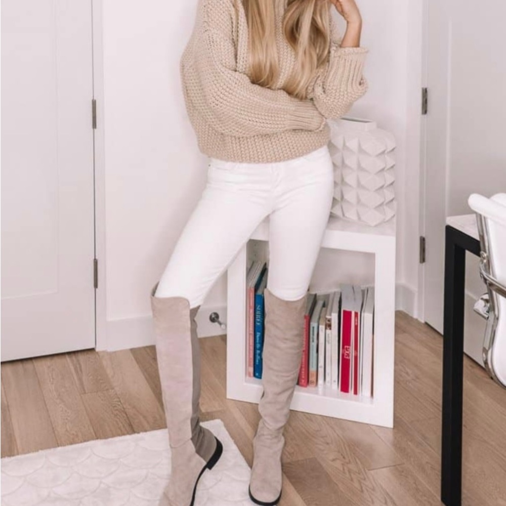 Stuart Weitzman knee high suede chunk heel boots.